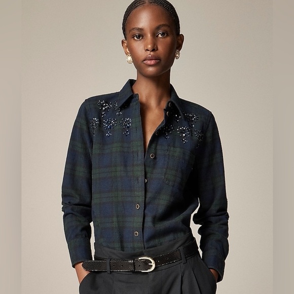 J.crew Embellished shrunken button-up shirt tartan indie academia green blue 3X - Picture 1 of 8